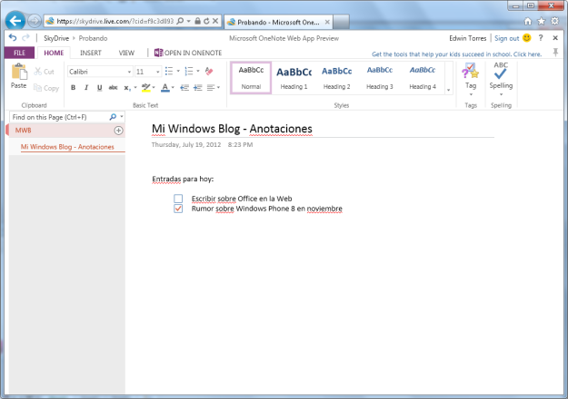 OneNote en la Web